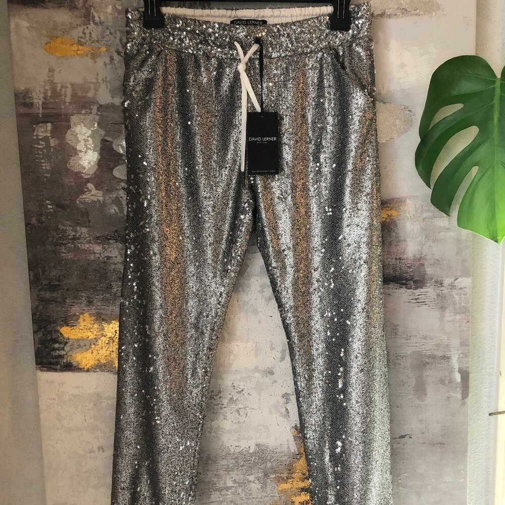 NWT David Lerner Silver Sequin Jogger Pant - Picture 2 of 16